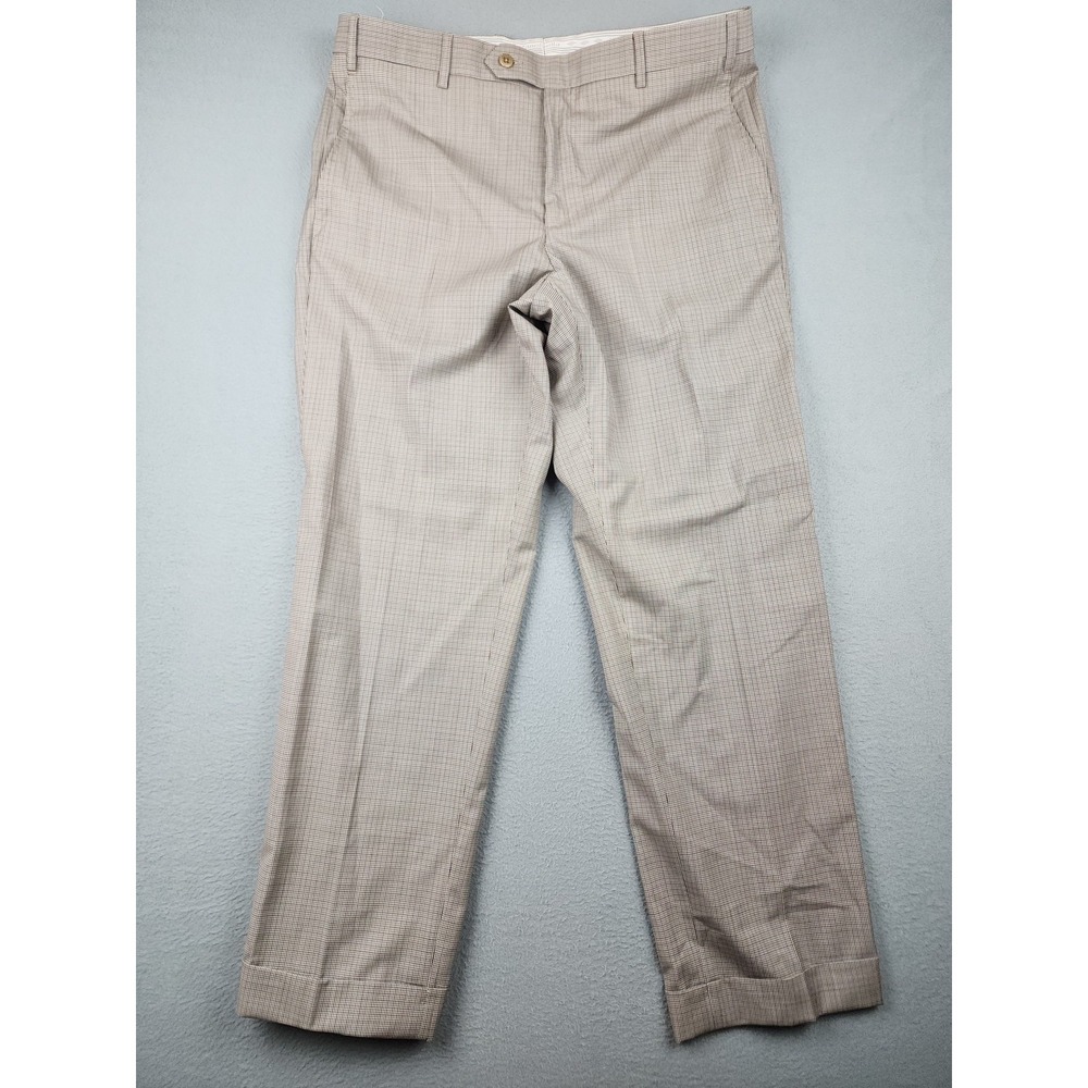 Zanella Dress Pants Mens 36x31 Beige Wool Check Flat Front Made In Italy Devon